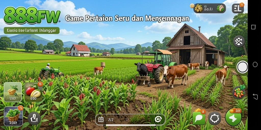 Tampilan gameplay 888FW dengan lahan pertanian yang subur dan hewan ternak.