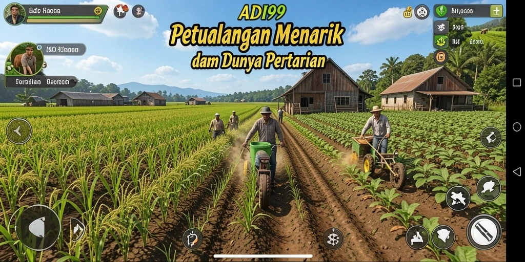 Screenshot gameplay ADI99 menampilkan suasana pertanian yang indah.