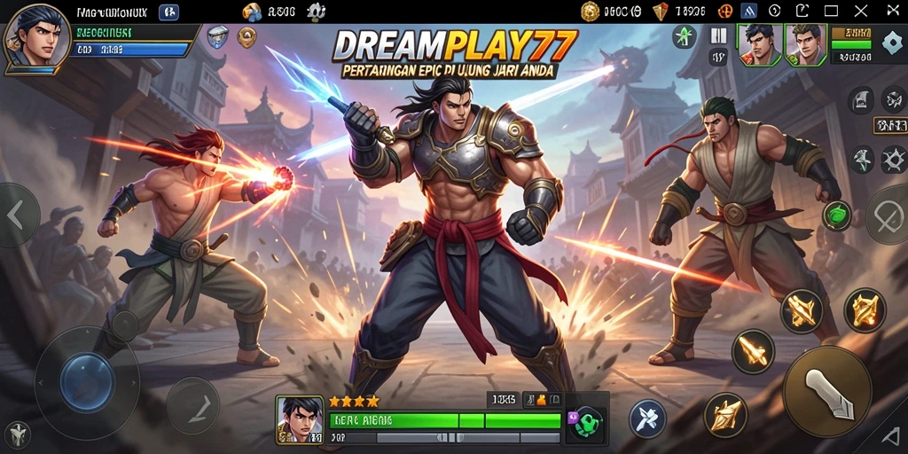 Screenshot gameplay DREAMPLAY77 menampilkan pertarungan yang intens dan karakter yang dinamis.