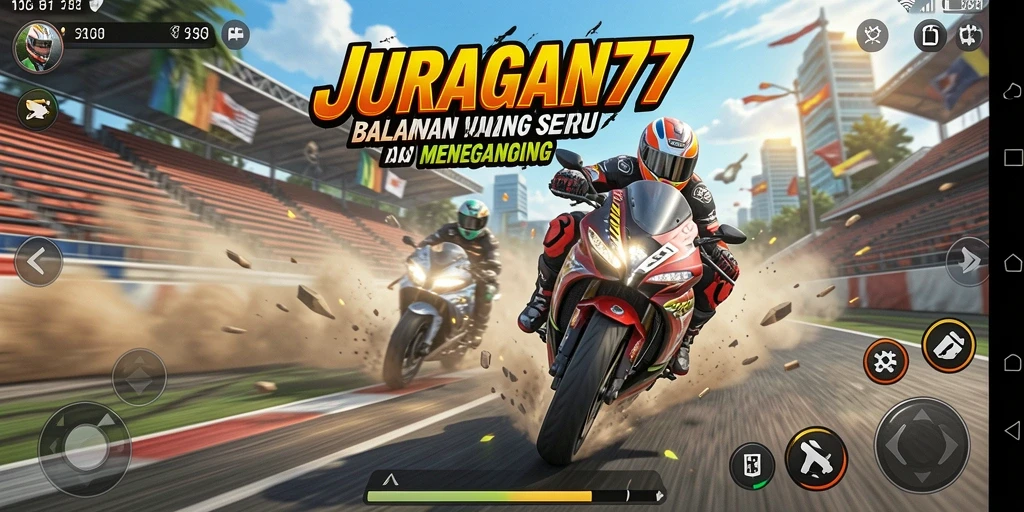 Screenshot gameplay JURAGAN77 menampilkan balapan motor yang seru.