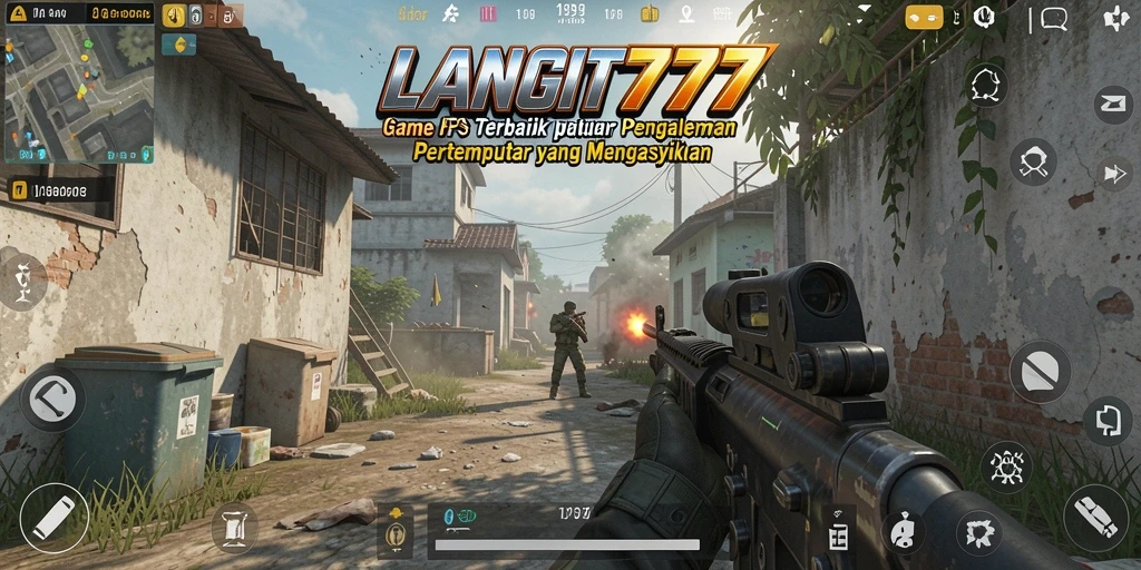 Screenshot LANGIT777 yang menunjukkan aksi pertempuran intens dalam game FPS.
